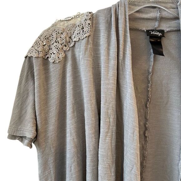 Vanity Women's Gray Open Front Cardigan with Lace Detail One Size - Picture 2 of 11